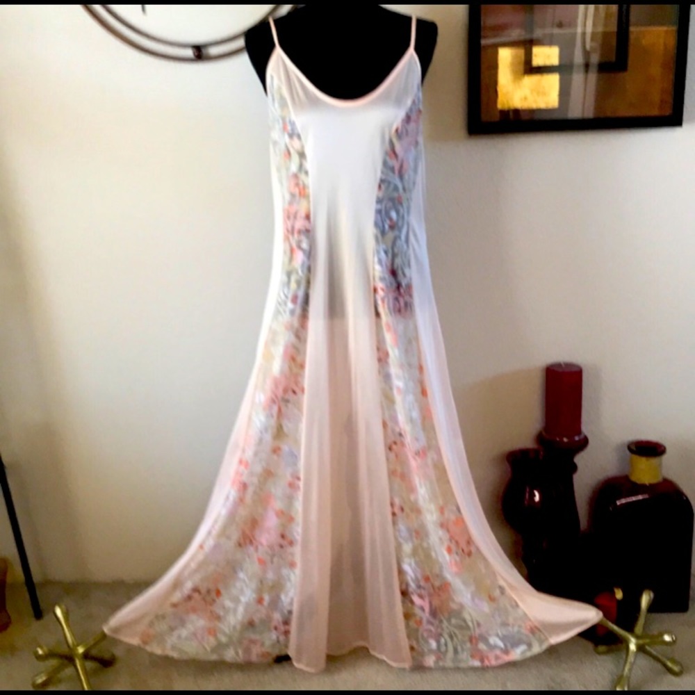 NWT Sexy Full Sweep Peach Lace Panels Long Maxi Nightgown Slip Dress Lingerie